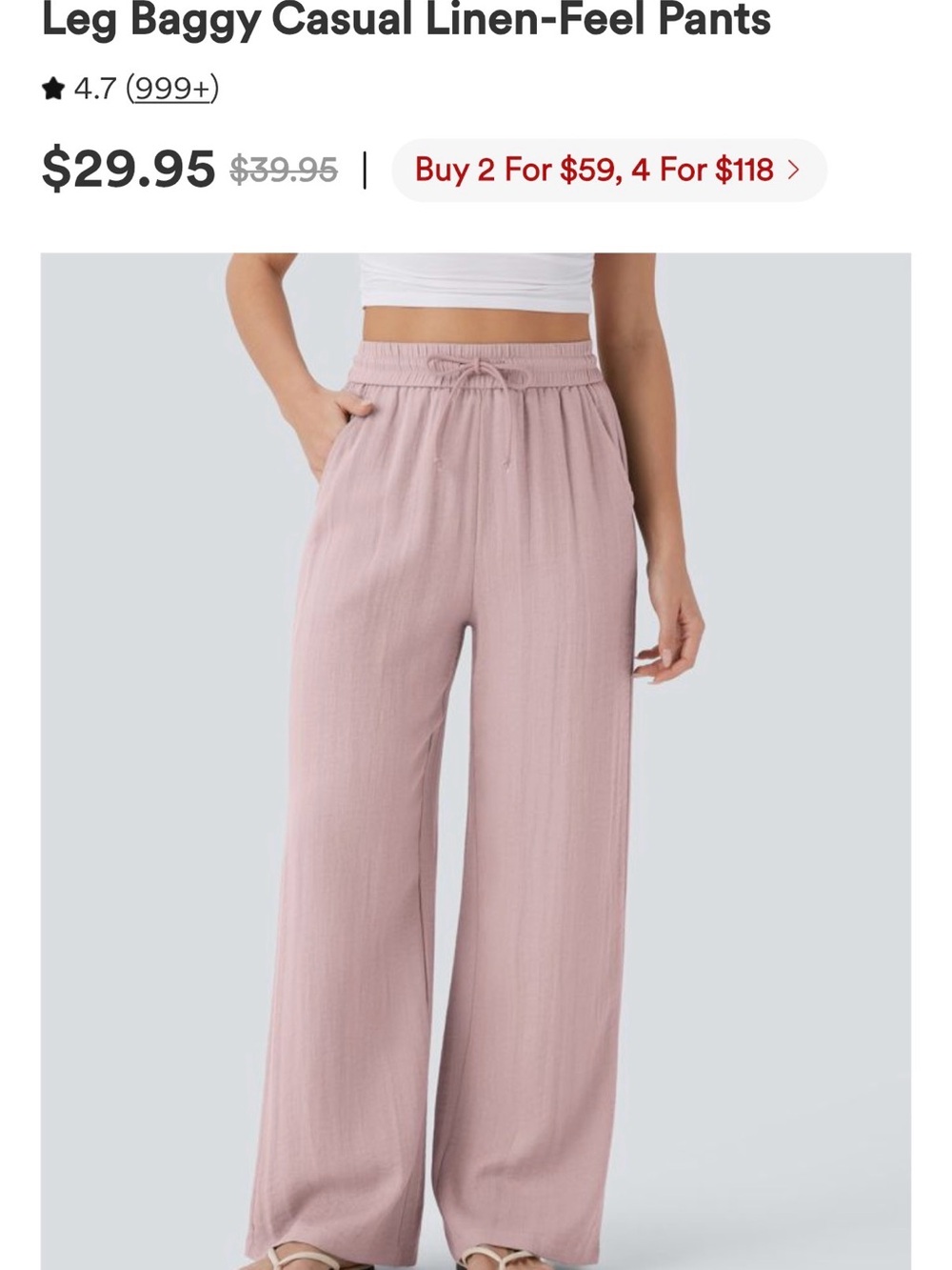 HALARA Wide Leg Linen-Feel Drawstring Pants in Dusty Rose